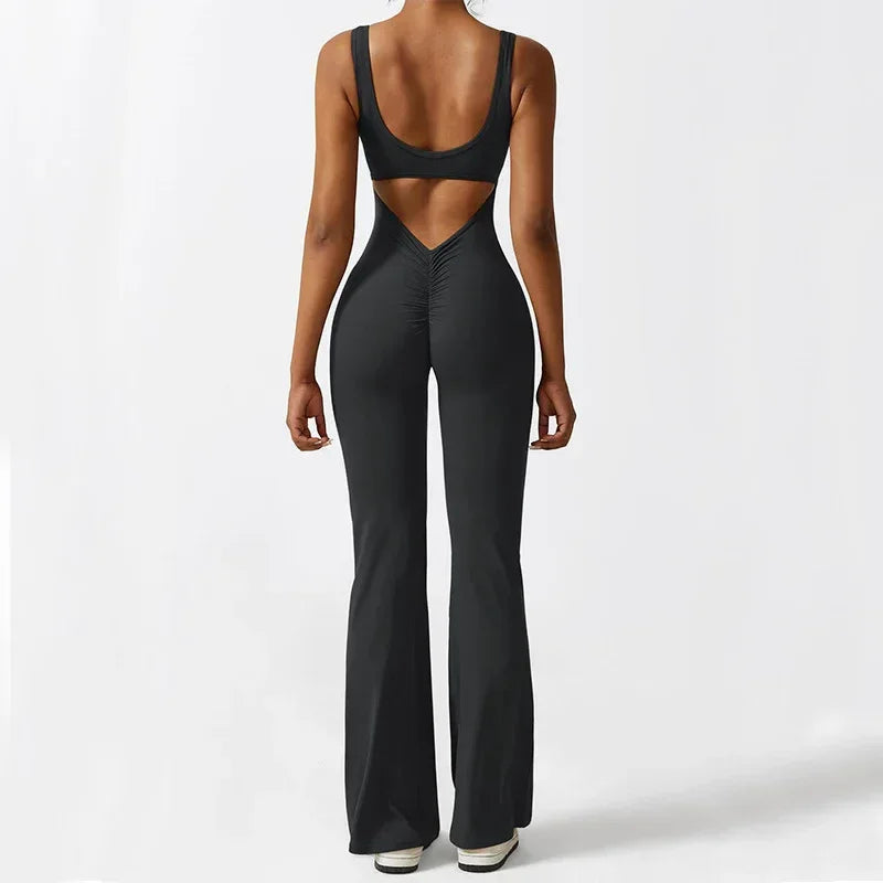 Women Sleeveless Flare Yoga Jumpsuit Long Pants Fitness Wear - ZA-Zola
