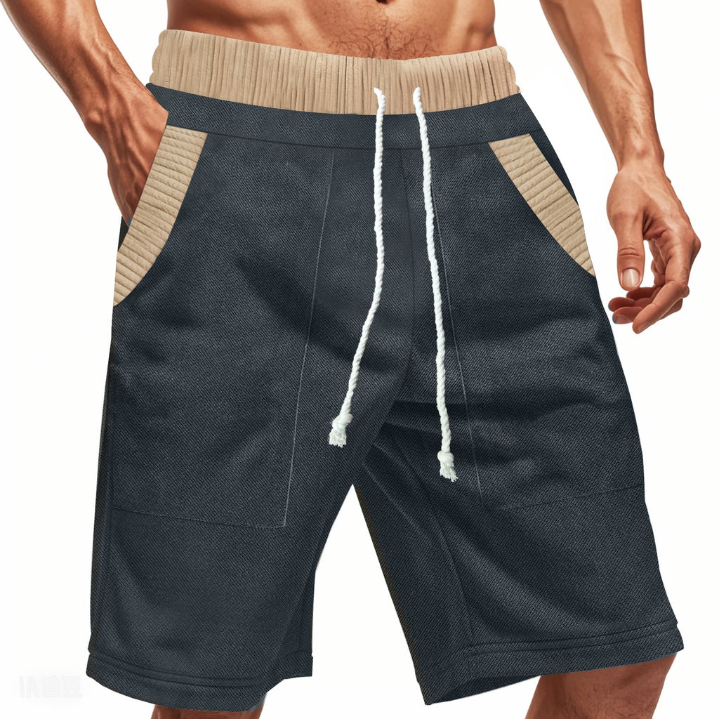 Dark blue shorts with beige accents and a drawstring on a white background