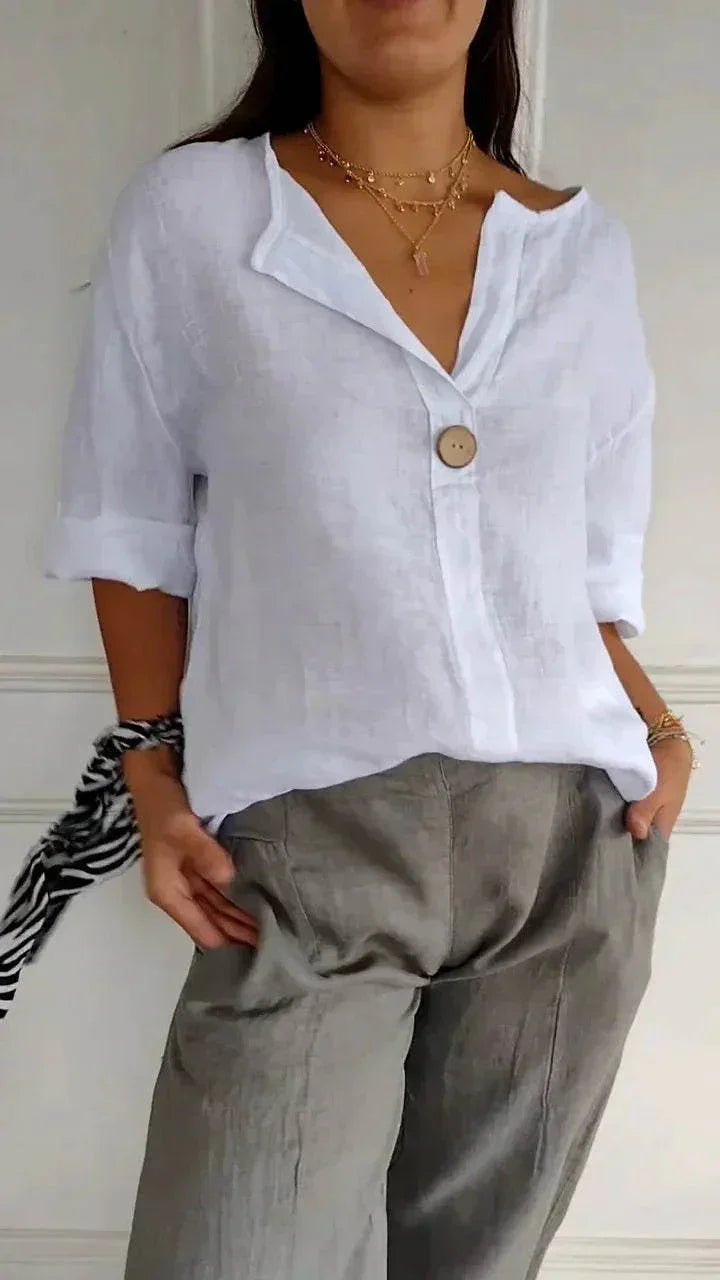 Loose Cotton Linen V-Neck Button Top for Women - ZA-Zola
