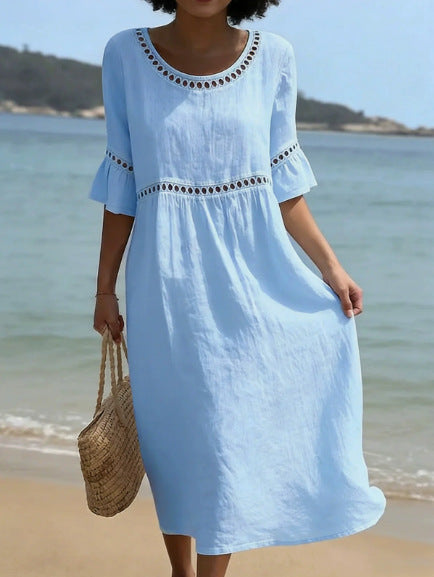 Elegant Casual Crew Neck Three Quarter Sleeve Solid Color Dress for Women