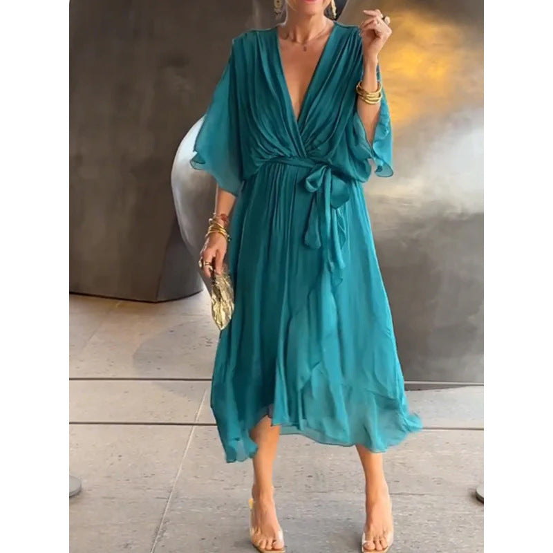 Batwing Sleeve V Neck Irregular Summer Dress Women Pure Color Tied Long Flowing Elegant Casual Womens Clothing
