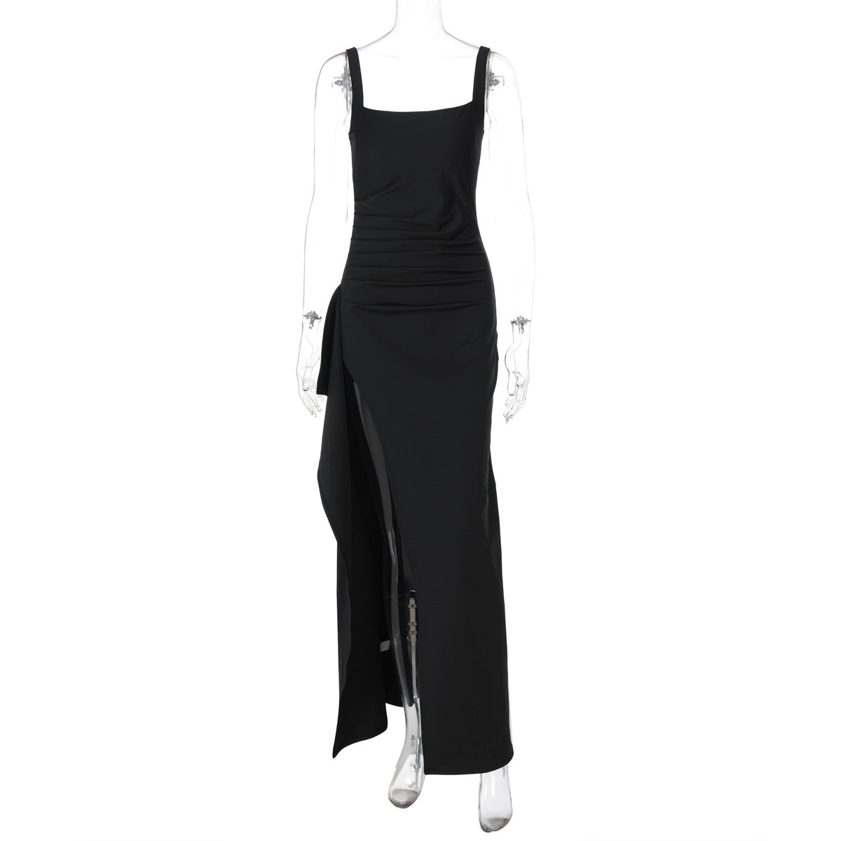 Black dress on a mannequin against a white background