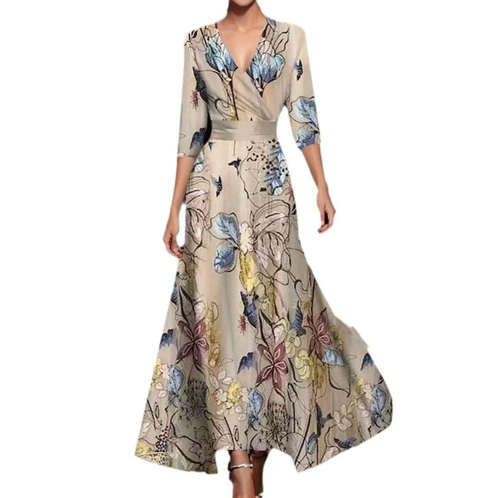 3D Print V-neck A-line Dress with Sleeves – Elegant - ZA-Zola
