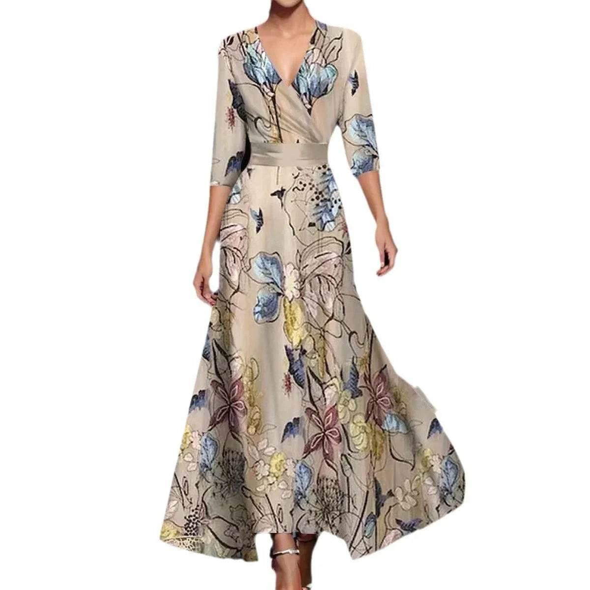 3D Print V-neck A-line Dress with Sleeves – Elegant - ZA-Zola