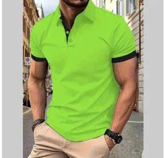 Man wearing neon green polo shirt and beige pants on city street, ZA-Zola fashion
