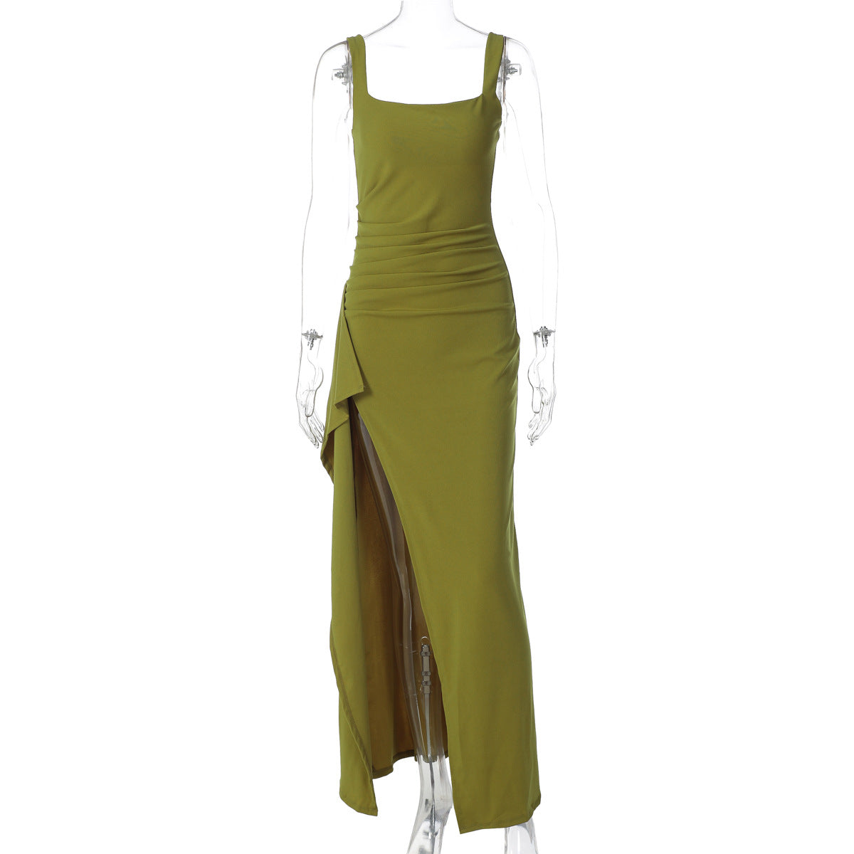Green evening gown on a mannequin against a white background