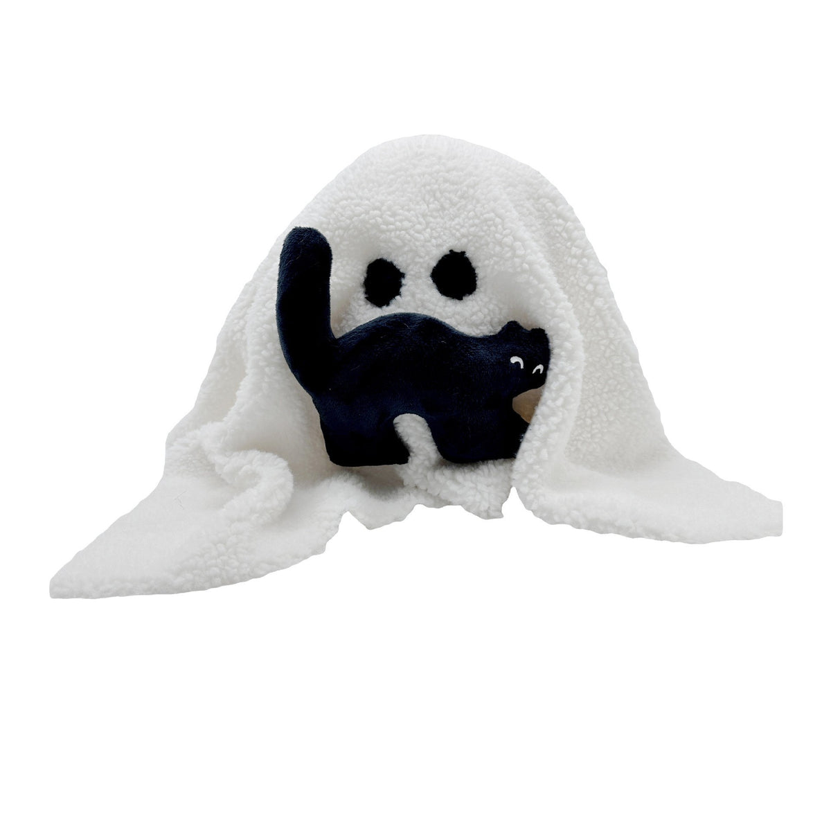 Black cat toy with white ghost-like covering on a white background