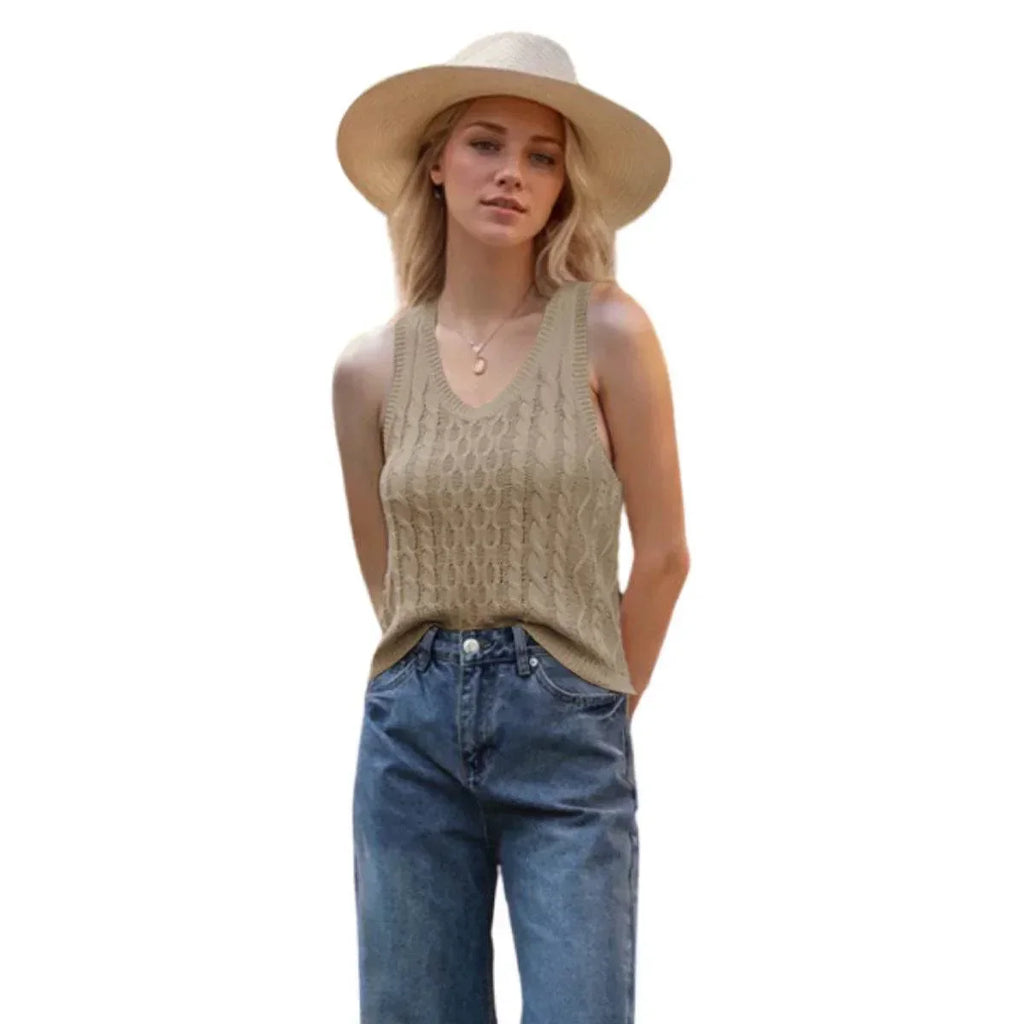 Knitted V-Neck Tank Vest – Casual Solid Top - ZA-Zola