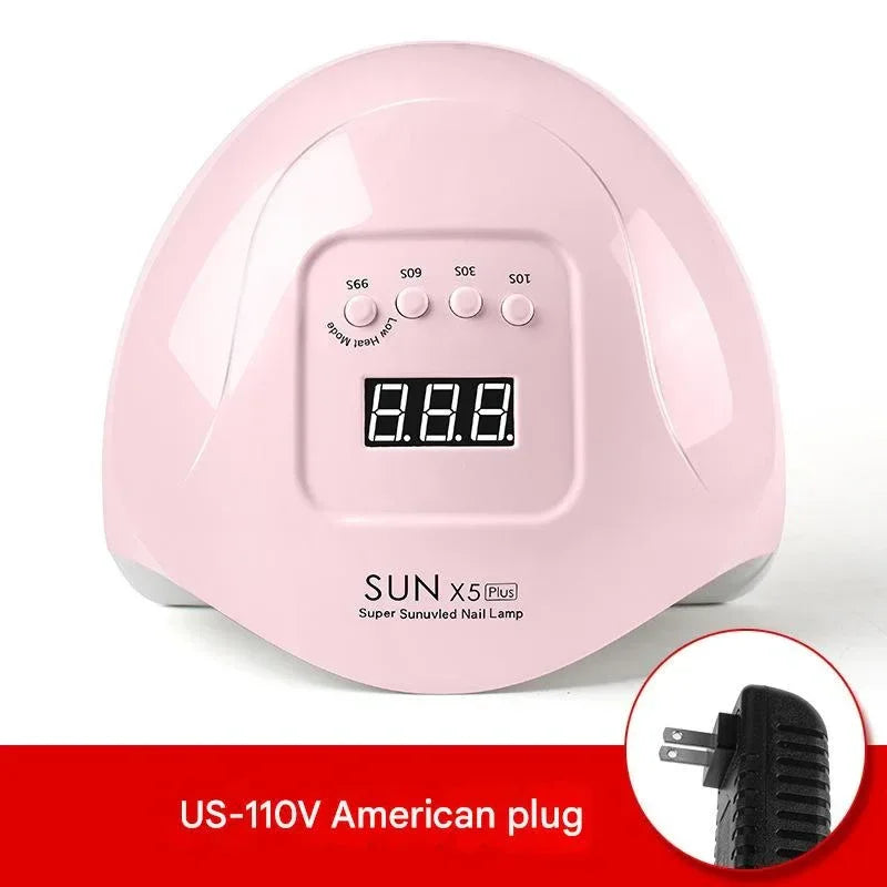 Pink SUN X5 Plus UV nail lamp with digital timer and US plug for gel nail curing.