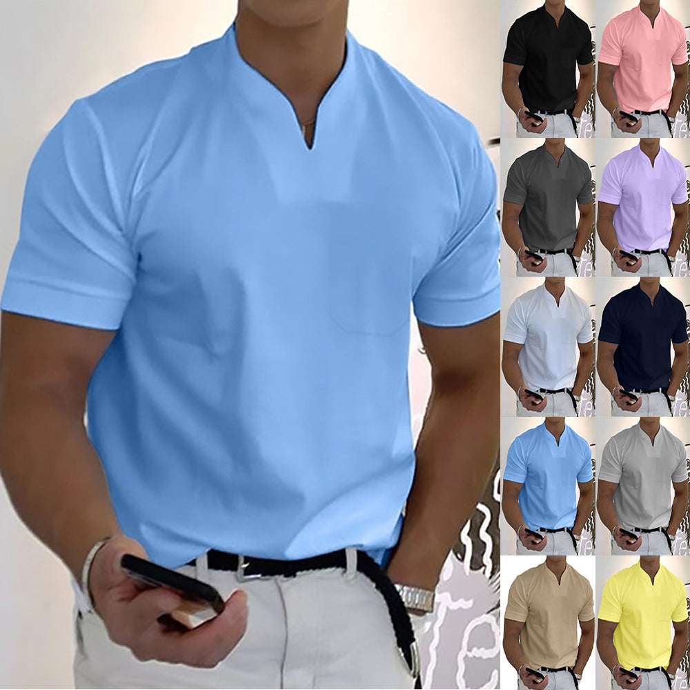 Collage of men wearing short-sleeve shirts in various colors with a white background.