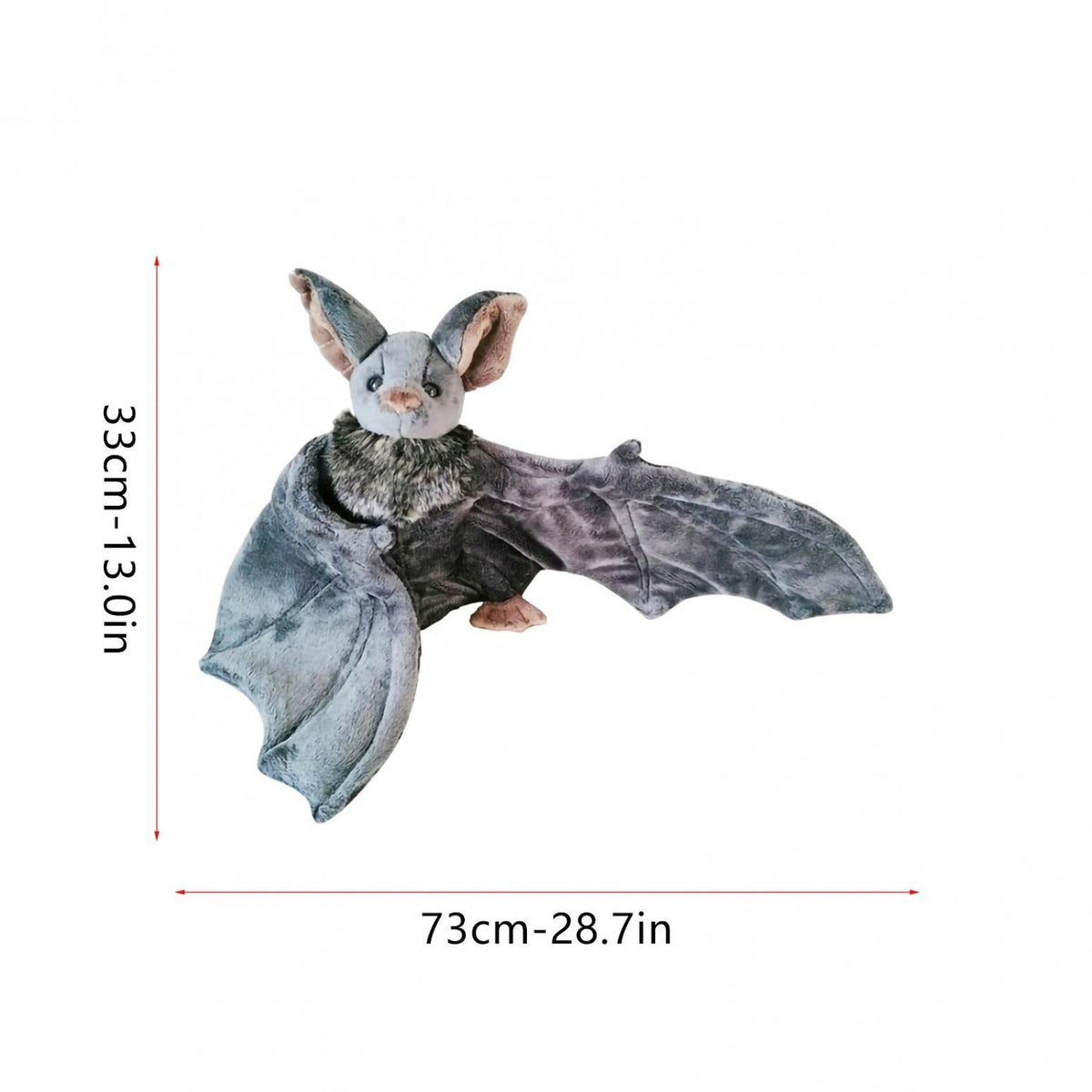 Plush bat toy with dimensions on a white background