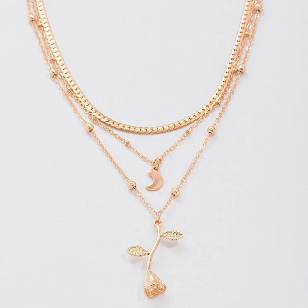 Bohemian Gold Rose Moon Layered Pendant Necklace - ZA-Zola