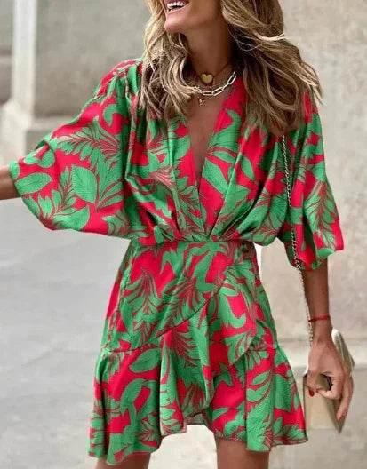 Irregular Hem Bat Sleeve V-Neck Dress – Bold Prints - ZA-Zola