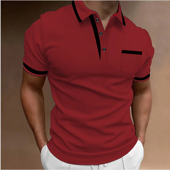 Red polo shirt with black accents on a brown background