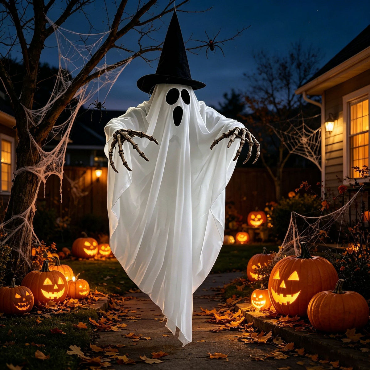 A Halloween ghost decoration stands on a front yard path at dusk, wearing a white sheet-like body, black witch hat, and skeletal claw hands. Jack-o'-lanterns, cobwebs, and a house are visible in the background.