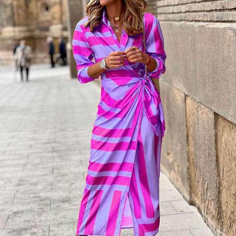 Striped Lace-Up Cardigan Style Mid Dress - ZA-Zola