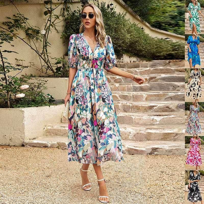V-Neck Printed Chiffon Beach Dress for Women - ZA-Zola