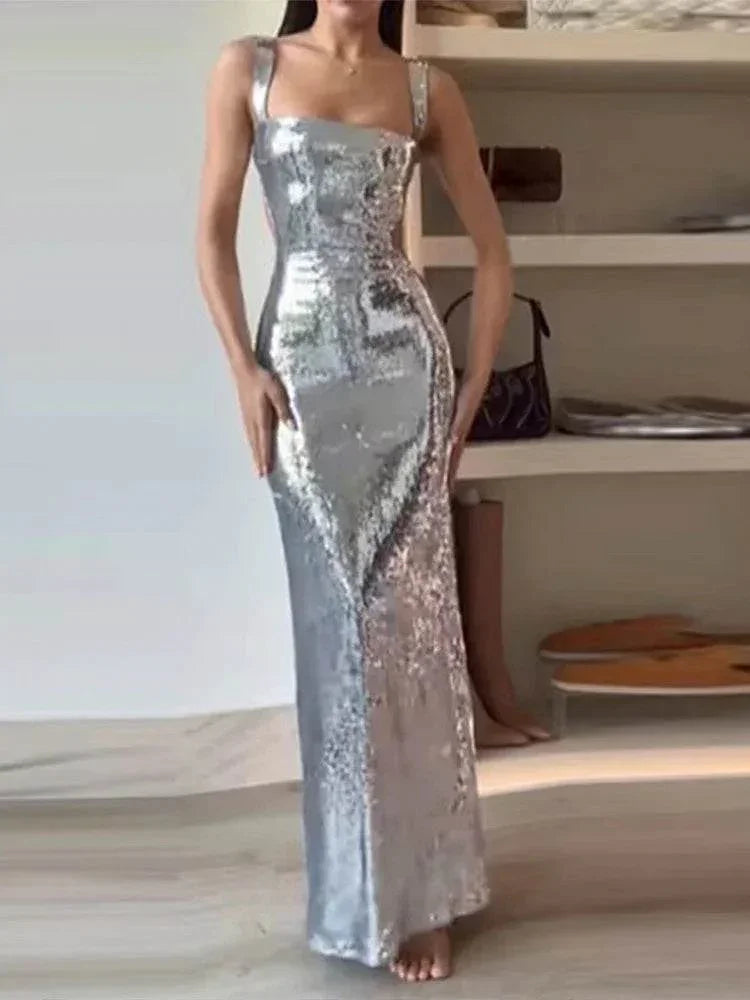 Sequin Sling Square Collar Backless Party Dress - ZA-Zola