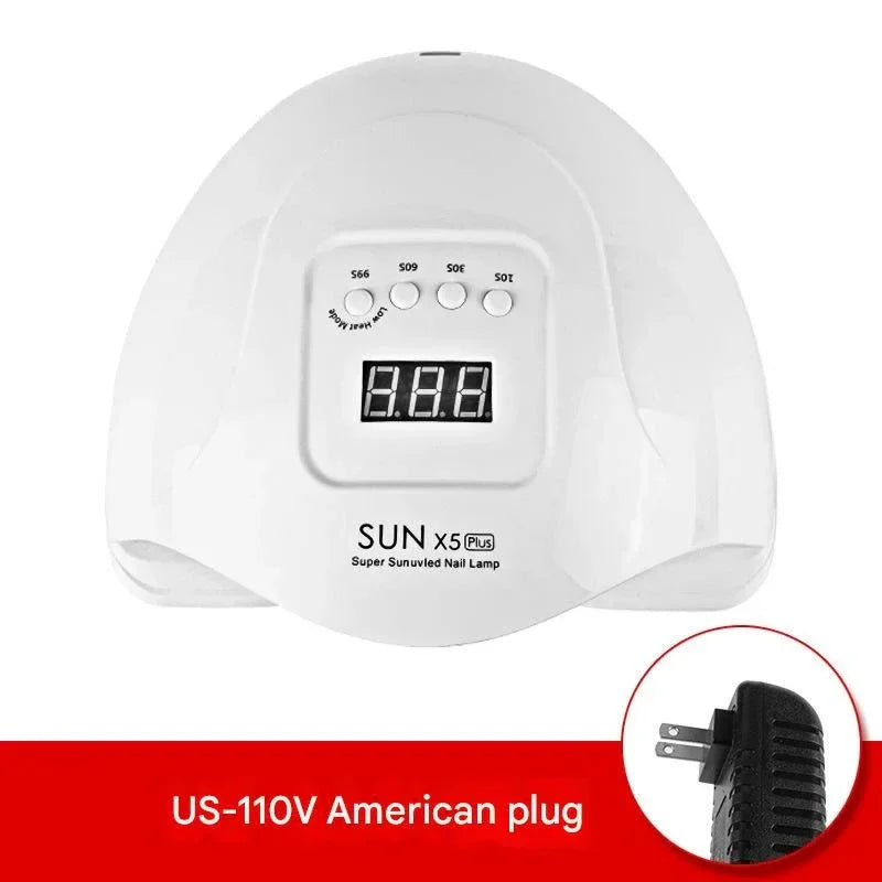 White SUN X5 Plus UV LED nail lamp with digital timer and US-110V American plug.