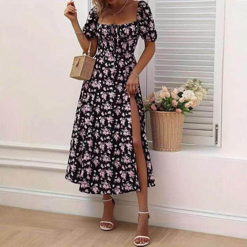 Floral Split Maxi Dress with Lace-Up Waist - ZA-Zola