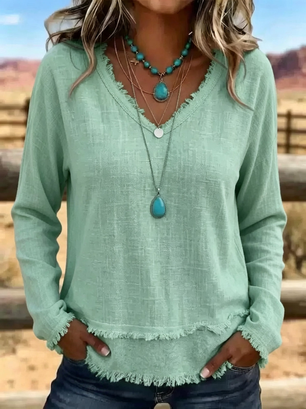 Women's V-Neck Long Sleeve Tassel Top | Casual Fit
