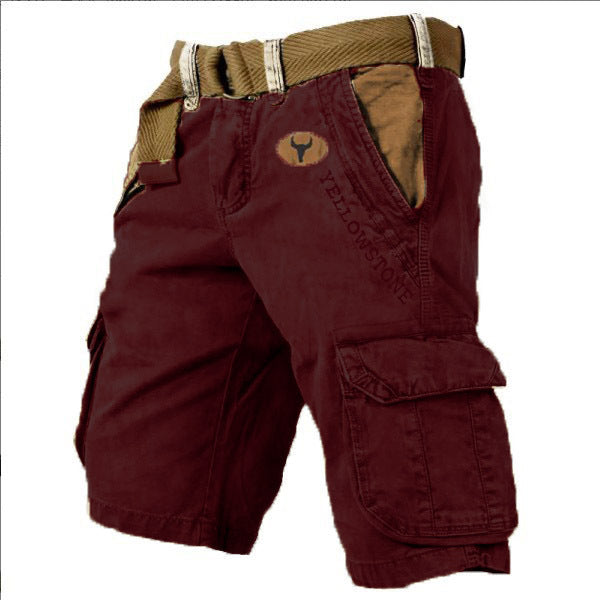 Maroon shorts with a belt on a white background