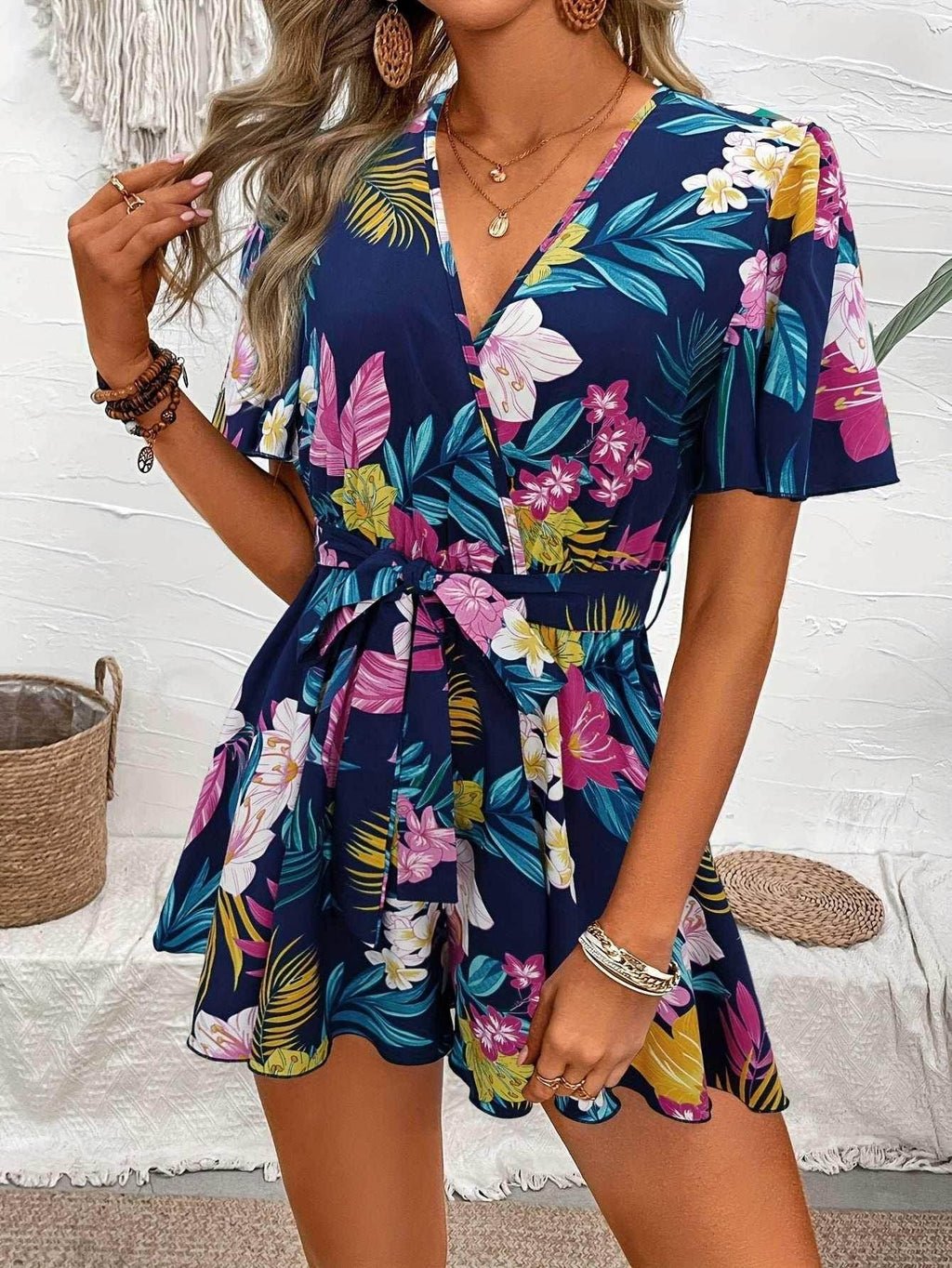 Beach Ruffle Sleeve Printed Jumpsuit – Summer Chic - ZA-Zola