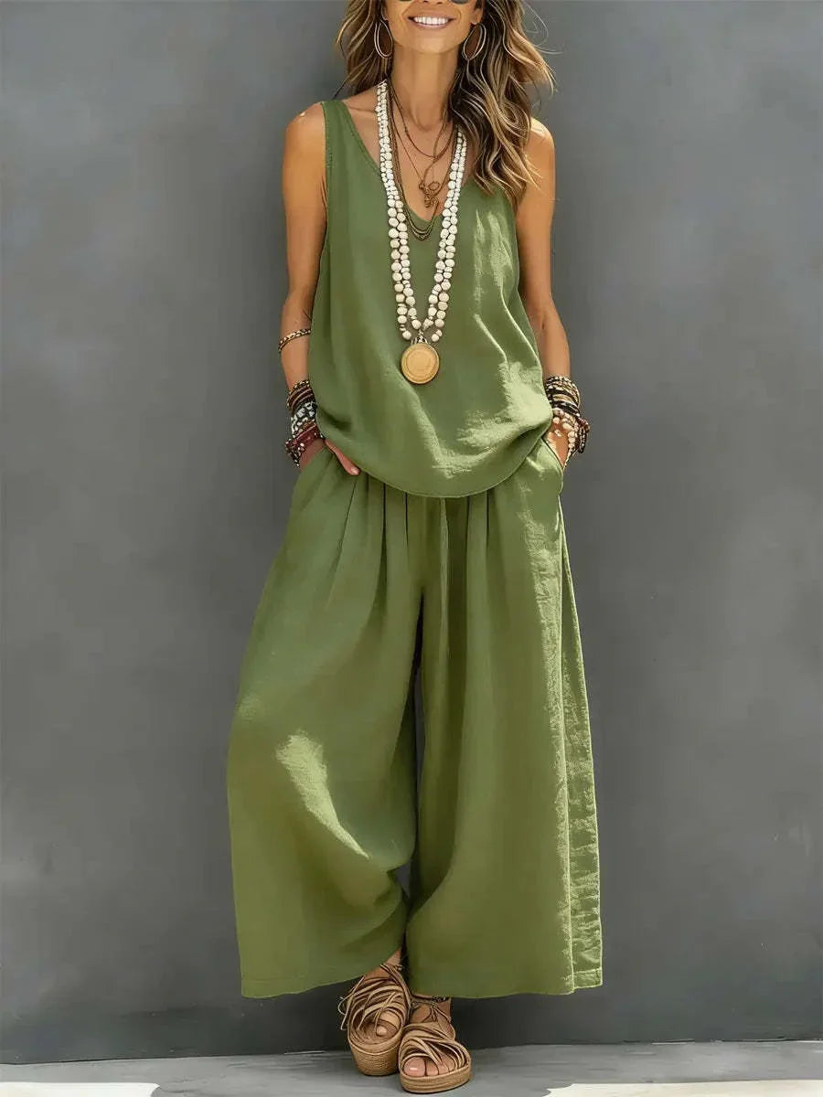 Cotton Linen Sleeveless Casual Set | Holiday Wear