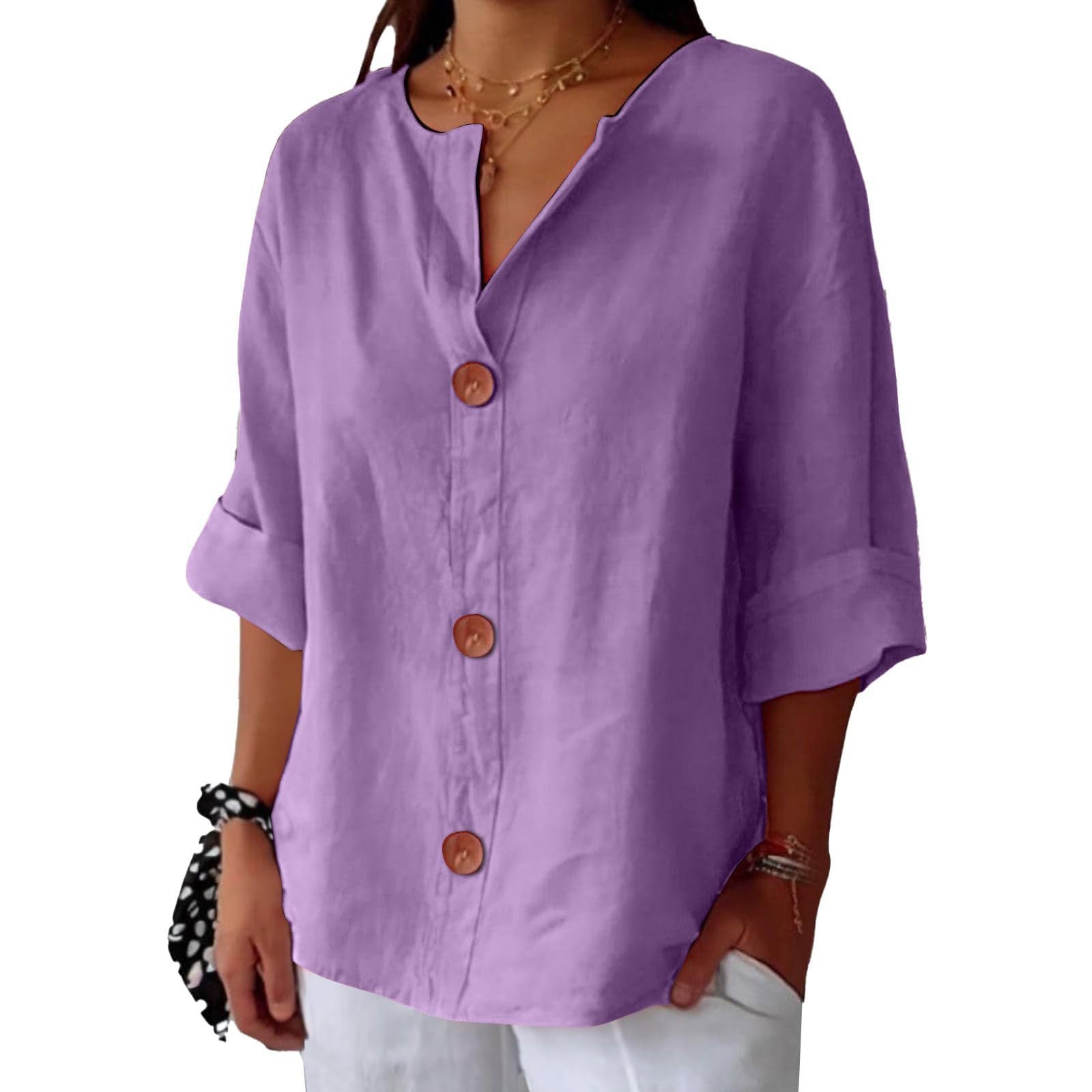 Purple button-up shirt worn by a person on a white background
