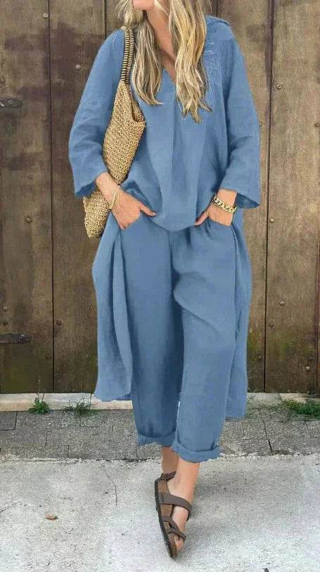 Loose V-Neck Set With Pockets – 2pcs Suit - ZA-Zola