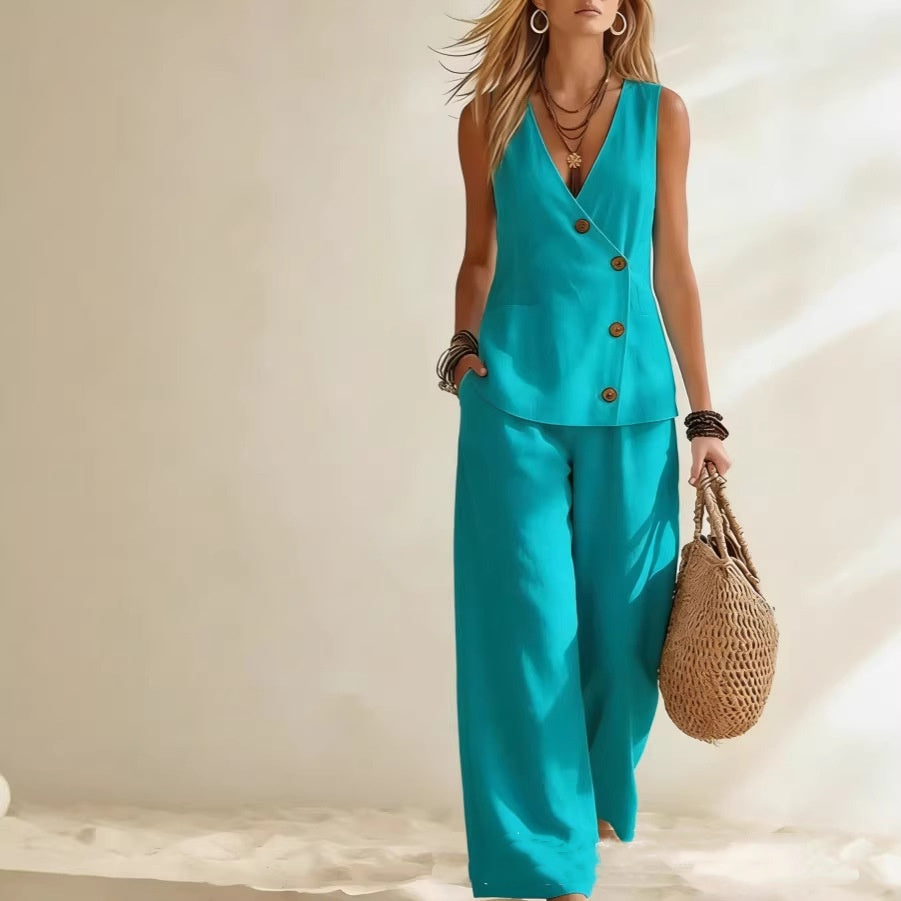 Button Up Cardigan Vest Pants Set | Womens