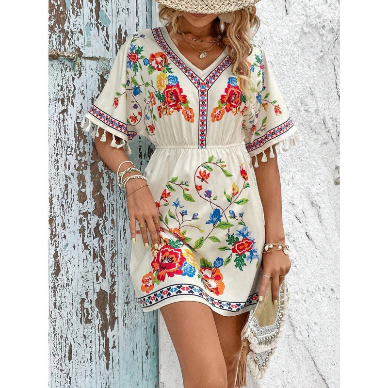 Bohemian Retro Ethnic Print Temperament Waist-Controlled Slimming Short Holiday Dress for Women