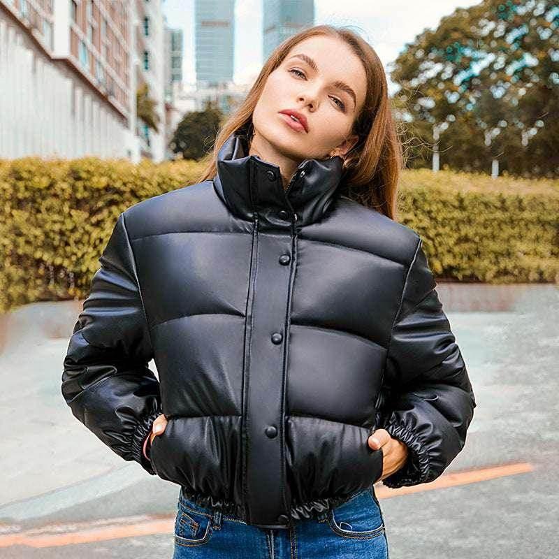 New Bread Winter Coat – Stand Collar Leather Jacket for Women - ZA-Zola