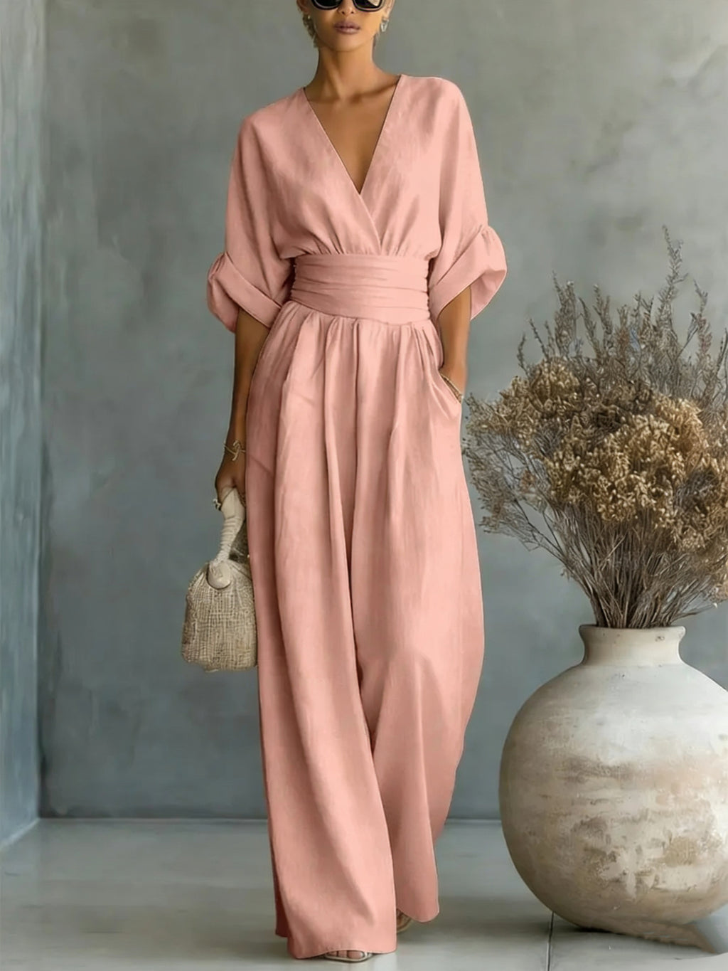 V Neck Wide Leg Jumpsuit – Short Sleeve Elegant Summer Casual Women Outfit