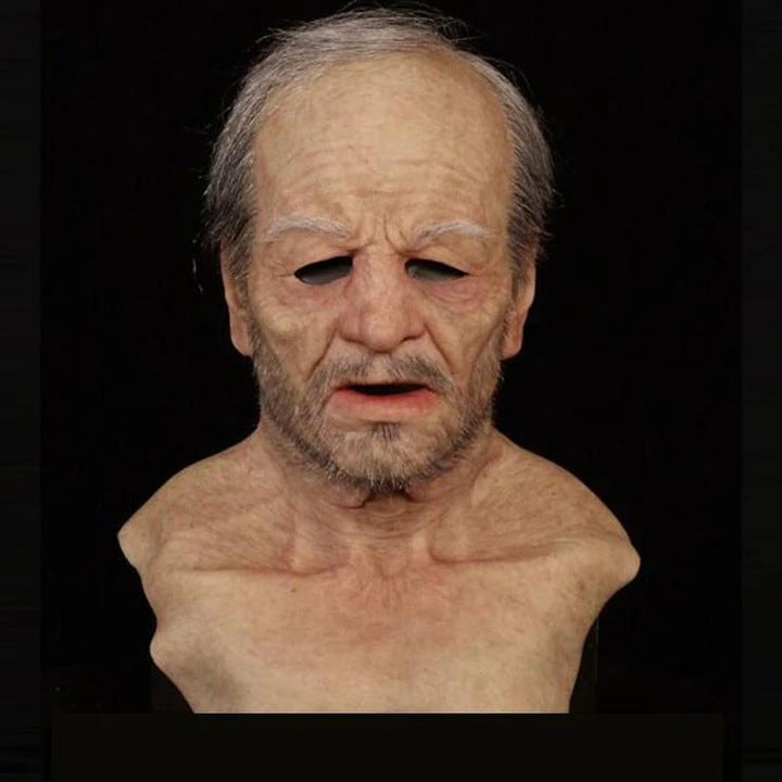 Bust of an elderly man with a neutral expression on a black background