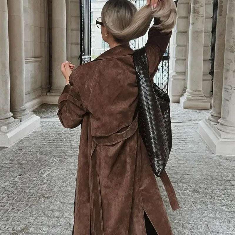 Double Breasted Suede Coat Women – Vintage Belted Long Winter Coat - ZA-Zola