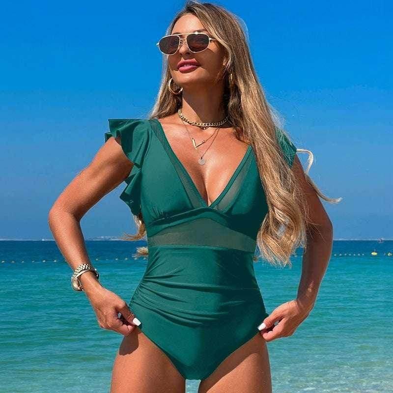 Black Ruffled Sleeve V-Neck Swimsuit | ZA-Zola - ZA-Zola