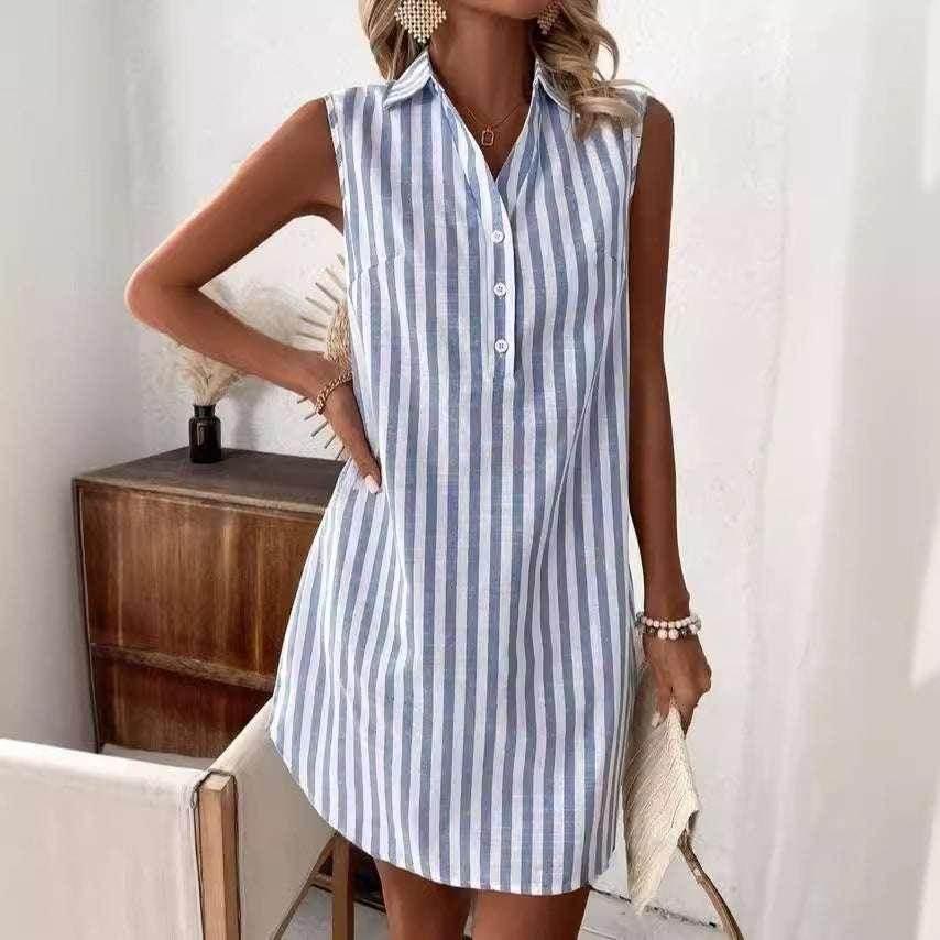 Striped V-Neck Sleeveless Shirt Dress – Cotton - ZA-Zola