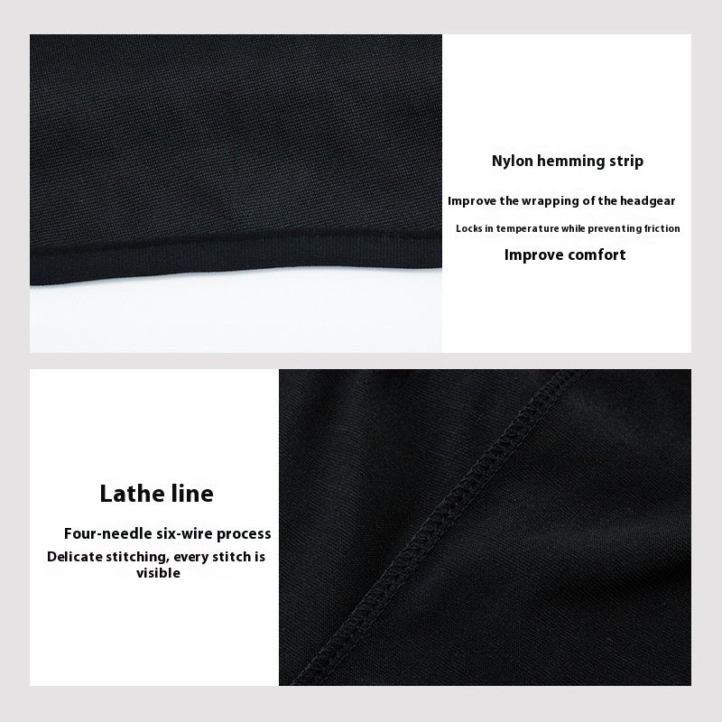 Close-up of black fabric with text on hemming and wiring details.