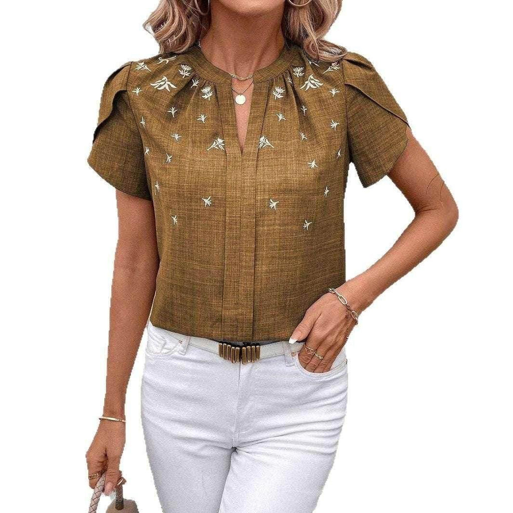 Half-Open Collar Printed Short Sleeve Blouse - ZA-Zola