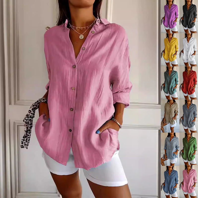 A woman models a loose, crinkled pink button-up shirt with white shorts in an indoor setting. A vertical strip on the right shows the same shirt in multiple color options.