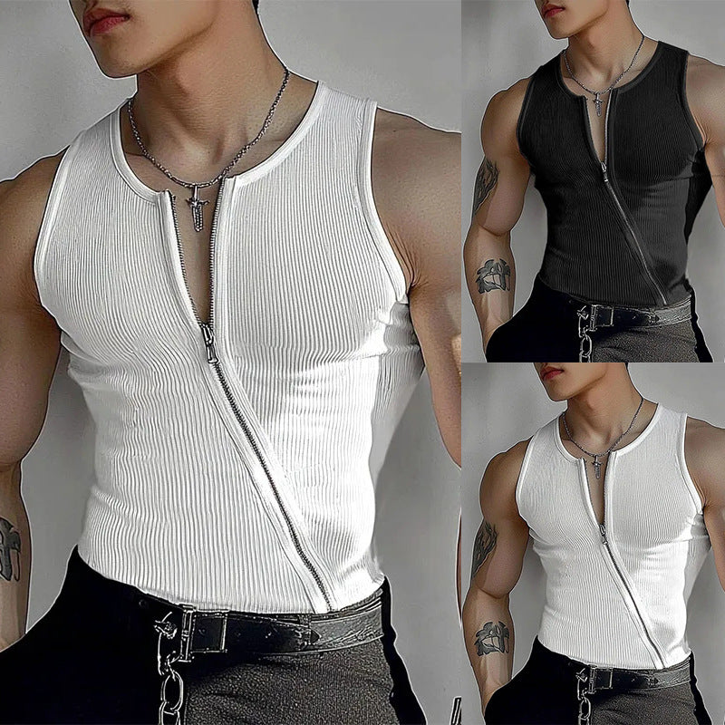 White sleeveless zip-up top worn by a person on a plain background