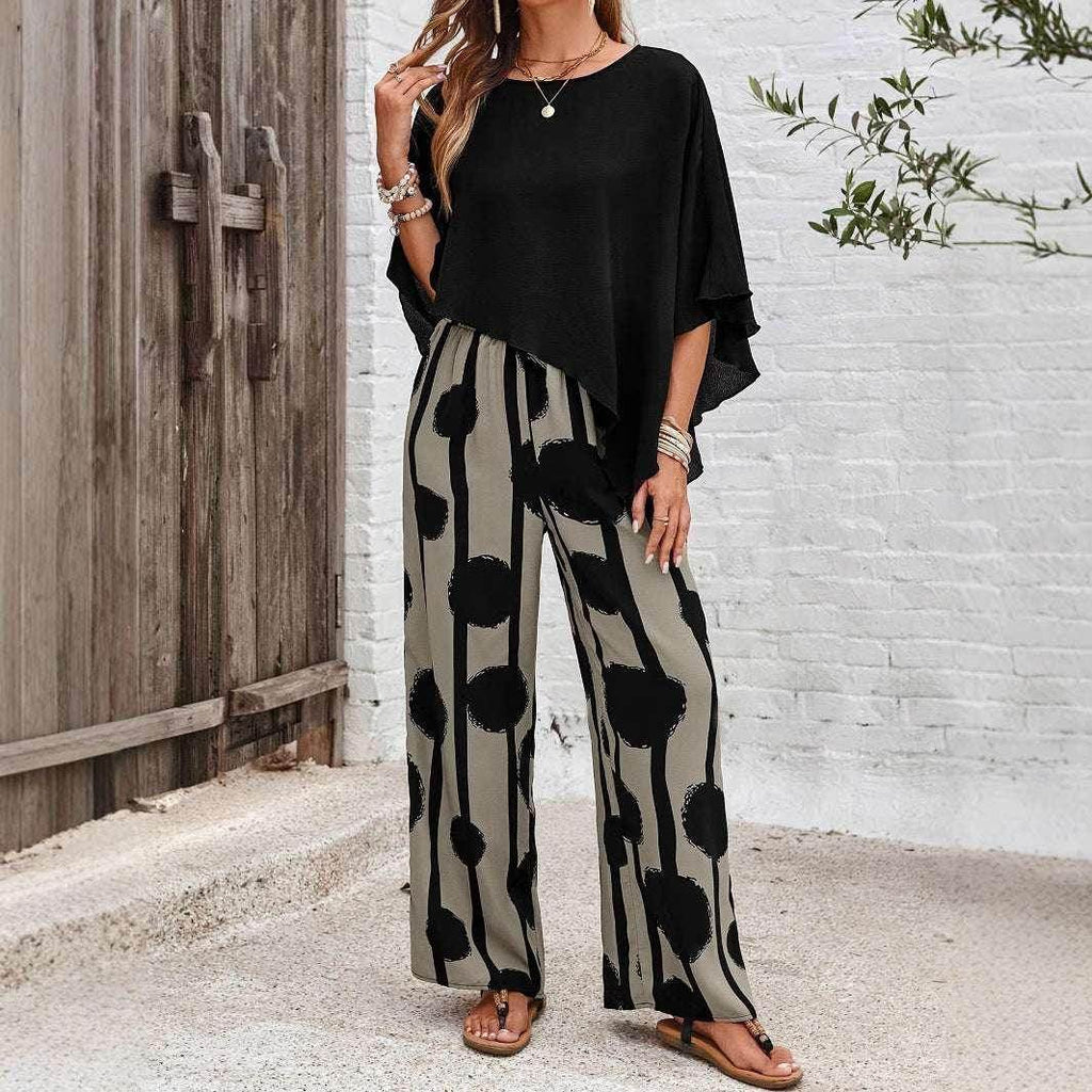 ZA-Zola trendy women's black top with patterned wide-leg pants, outdoor fashion look