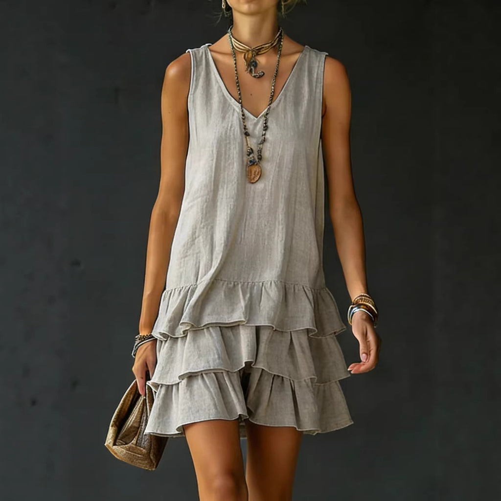 V-Neck Cotton Linen Women's Sleeveless Dress – Fashionable Mid-Length Straight Sundress