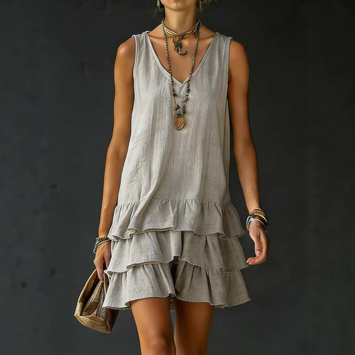 V-Neck Cotton Linen Women's Sleeveless Dress – Fashionable Mid-Length Straight Sundress