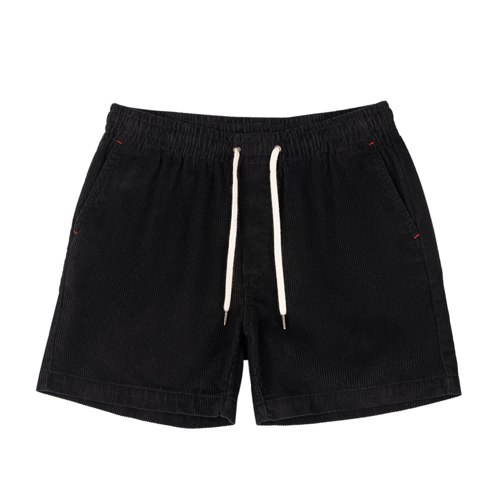 Black shorts with a white drawstring on a white background