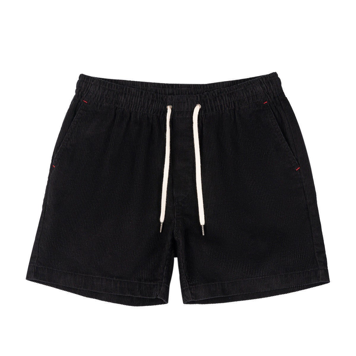Black shorts with a white drawstring on a white background