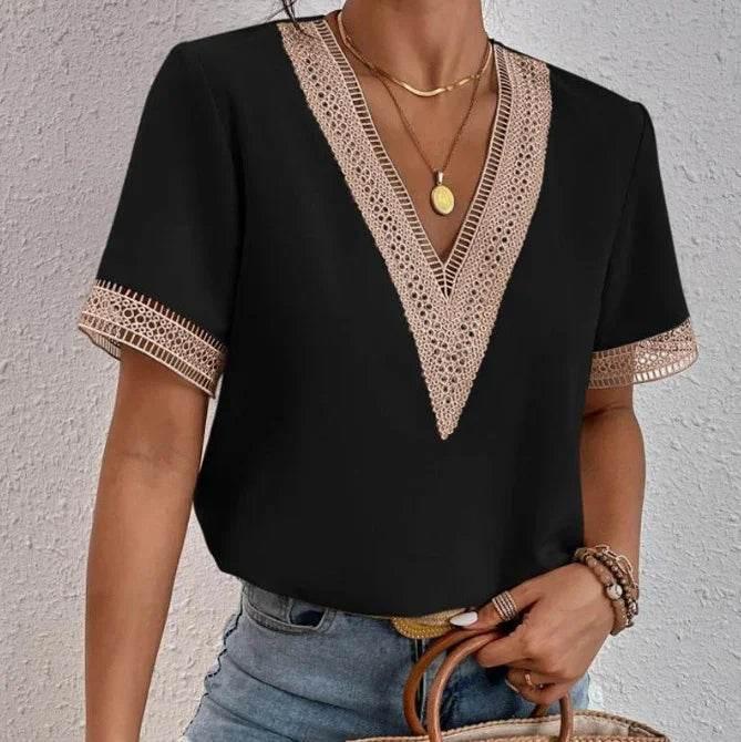 V-Neck Lace Patchwork Loose Commuter Top - ZA-Zola