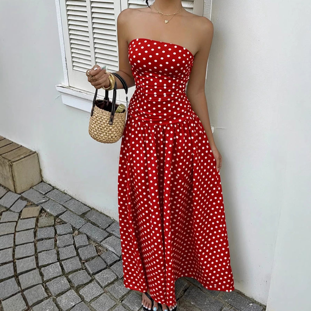 Elegant Polka Dot Off Shoulder Dress – Strapless High Waist Party Outfit