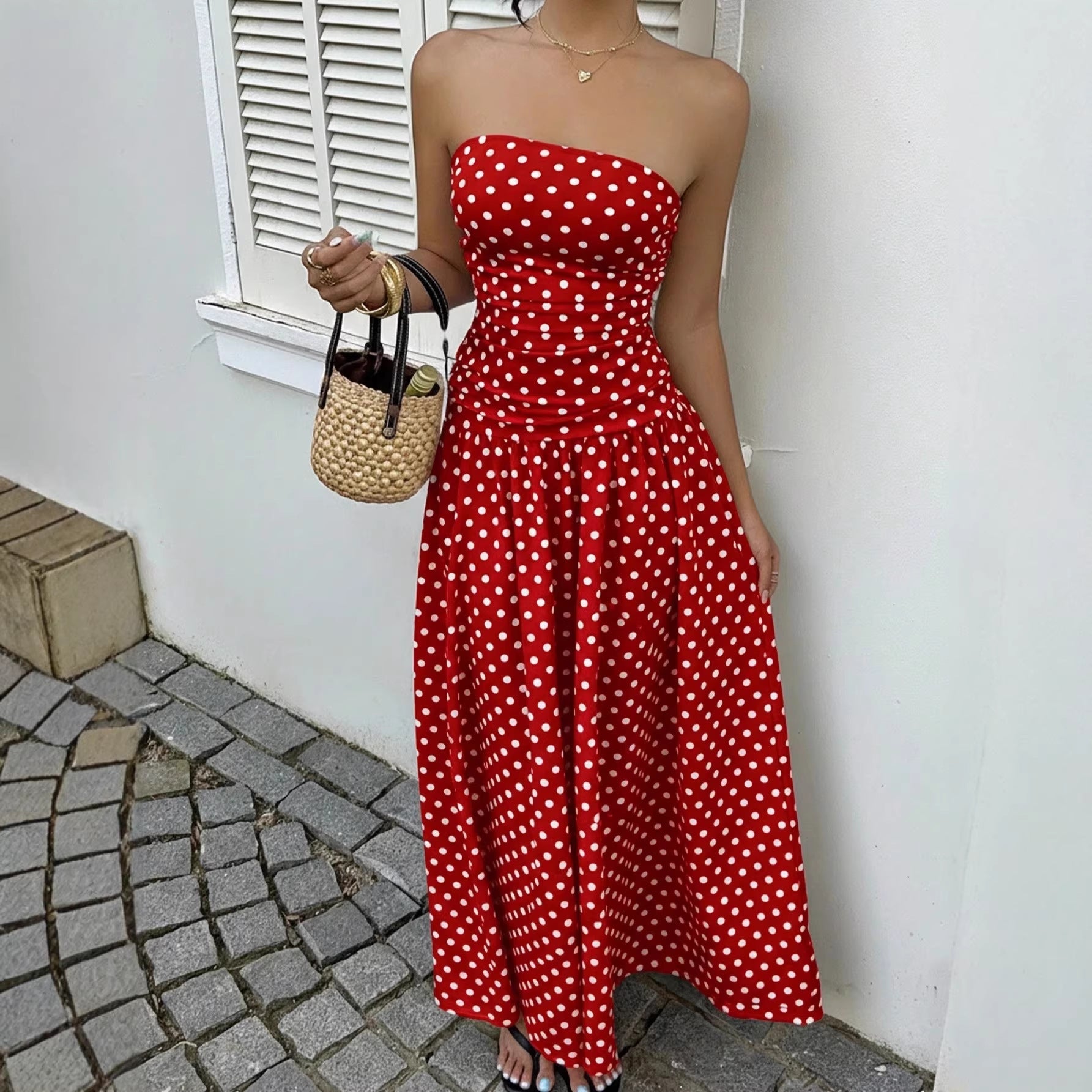 Elegant Polka Dot Off Shoulder Dress – Strapless High Waist Party Outfit